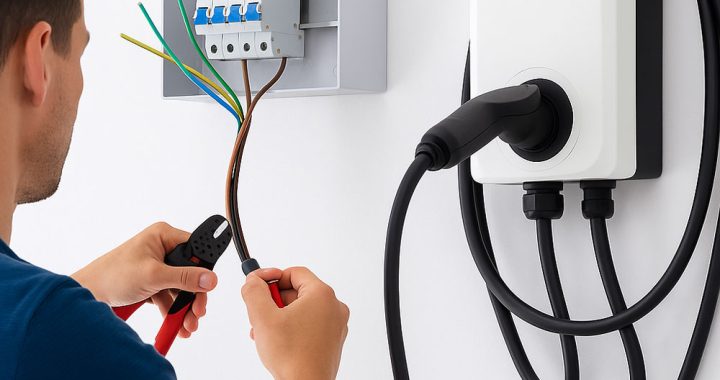 An electrician connecting wires to an electric vehicle charging outlet, demonstrating professional setup for sustainable energy use.