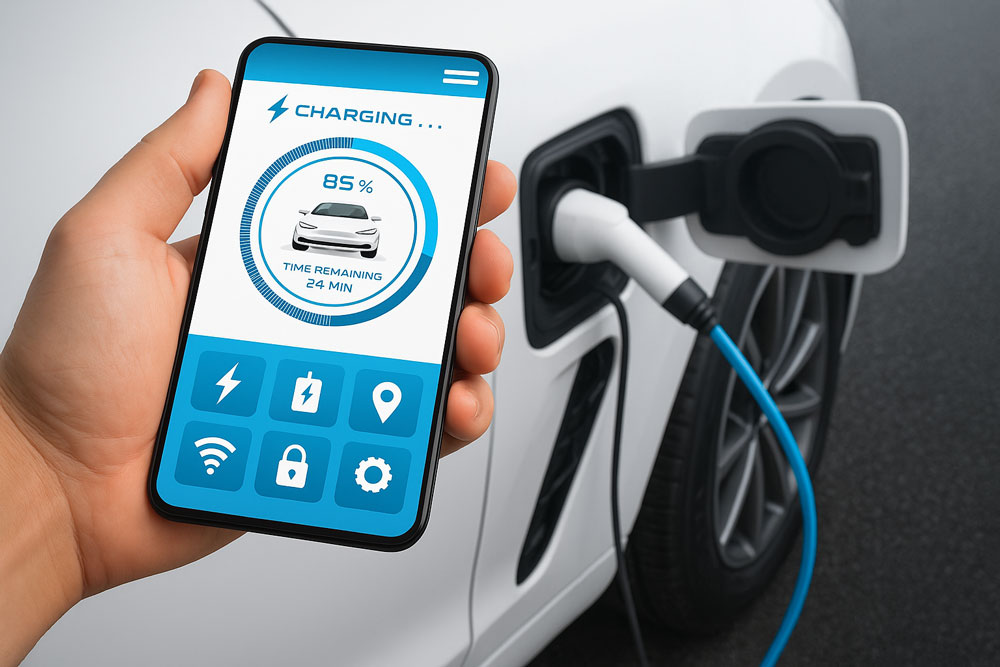 A person using a smartphone app to monitor the charging status of an electric vehicle, showcasing remote control and smart technology.